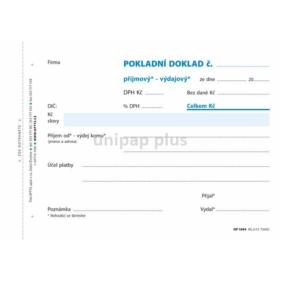 pokladní doklad příjmový - výdajový Optys