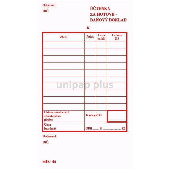 účtenka za hotové nečíslovaná samopropisovací mSk