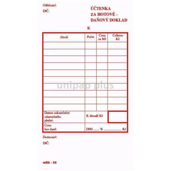 účtenka za hotové nečíslovaná mSk