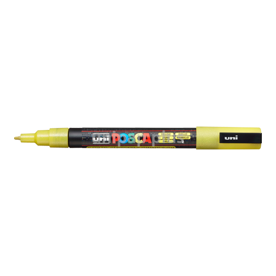 popisovač Uni Posca PC-3ML akrylový - tenký hrot 0,9-1,3 mm třpytivě žlutý (L2)