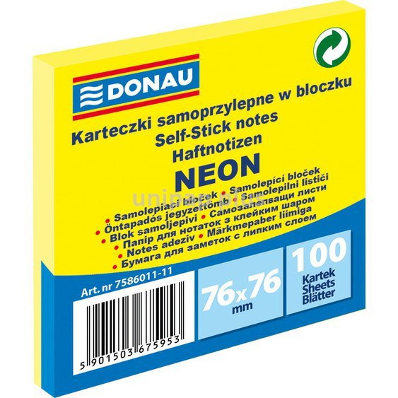 bloček samolepící Donau Neon 76 x 76 mm 100 listů žlutý