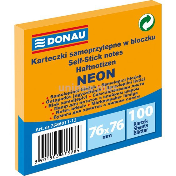 bloček samolepící Donau Neon 76 x 76 mm 100 listů oranžový